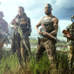 Bilden är en screenshot från spelet Battlefield 5, föreställande fyra beväpnade soldater som står i högt gräs. Den andra soldaten från vänster är en kvinna i lång rock hållandes ett gevär.