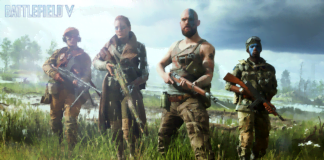 Battlefield V: Om realism och rövhattar Bilden är en screenshot från spelet Battlefield 5, föreställande fyra beväpnade soldater som står i högt gräs. Den andra soldaten från vänster är en kvinna i lång rock hållandes ett gevär.