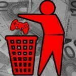 Bilden föreställer en stiliserad ikon av en person som slänger en Playstation-kontroll i en soptunna. I bakgrunden ser man massvis av Euro-sedlar.