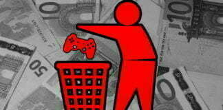 Släng dina gamla spel already Bilden föreställer en stiliserad ikon av en person som slänger en Playstation-kontroll i en soptunna. I bakgrunden ser man massvis av Euro-sedlar.