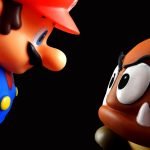 Bilden föreställer en tredimensionell Super Mario och en Gomba-fiende som stirrar på varandra.