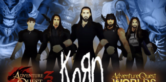 KoЯn spelar live – inuti två MMORPG:s En tecknad bild av bandet Korn, med bilder från spelen i bangrunden. I förgrunden finns bandets logga, samt loggorna för spelen AdventureQuest 3D & AQWorlds.