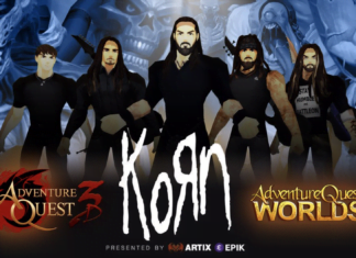 KoЯn spelar live – inuti två MMORPG:s En tecknad bild av bandet Korn, med bilder från spelen i bangrunden. I förgrunden finns bandets logga, samt loggorna för spelen AdventureQuest 3D & AQWorlds.
