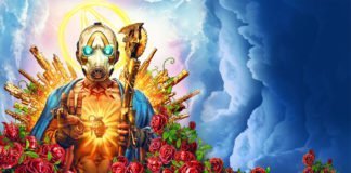 Borderlands 3: Explosiv action och enerverande glitchar Omslaget till spelet Borderlands 3. En Bandit i gasmask håller upp tre fingrar och ett gyllene sawblade i en ritual-liknande gest.