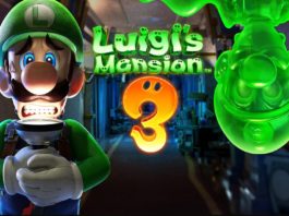 Luigi’s Mansion 3: Det har aldrig varit så roligt att städa Luigi står i en mörk korridor med ett skrämt uttryck och en ficklampa under hakan. Från taket kikar en grön kopia av honom ned.