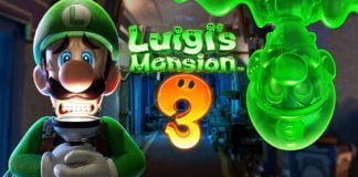Luigi’s Mansion 3: Det har aldrig varit så roligt att städa Luigi står i en mörk korridor med ett skrämt uttryck och en ficklampa under hakan. Från taket kikar en grön kopia av honom ned.