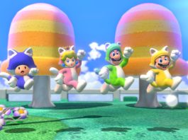 Super Mario 3D World – Kattmario är tillbaka! En bild från Super Mario 3D world + Bowsers Fury, dör fyra av spelets karaktärer hoppar genom en färgglad miljö iklädda kattdräkter