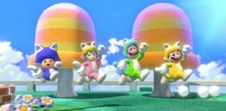 Super Mario 3D World – Kattmario är tillbaka! En bild från Super Mario 3D world + Bowsers Fury, dör fyra av spelets karaktärer hoppar genom en färgglad miljö iklädda kattdräkter