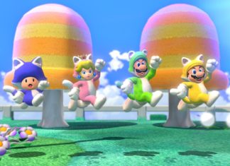 Super Mario 3D World – Kattmario är tillbaka! En bild från Super Mario 3D world + Bowsers Fury, dör fyra av spelets karaktärer hoppar genom en färgglad miljö iklädda kattdräkter